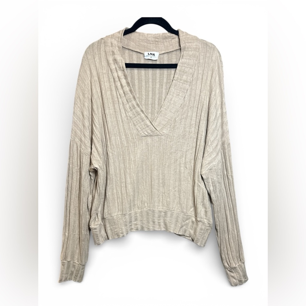 💜 LNA Ribbed Knit Sweater Top XL‎ Beige V-Neck Pullover Made in USA Stretch